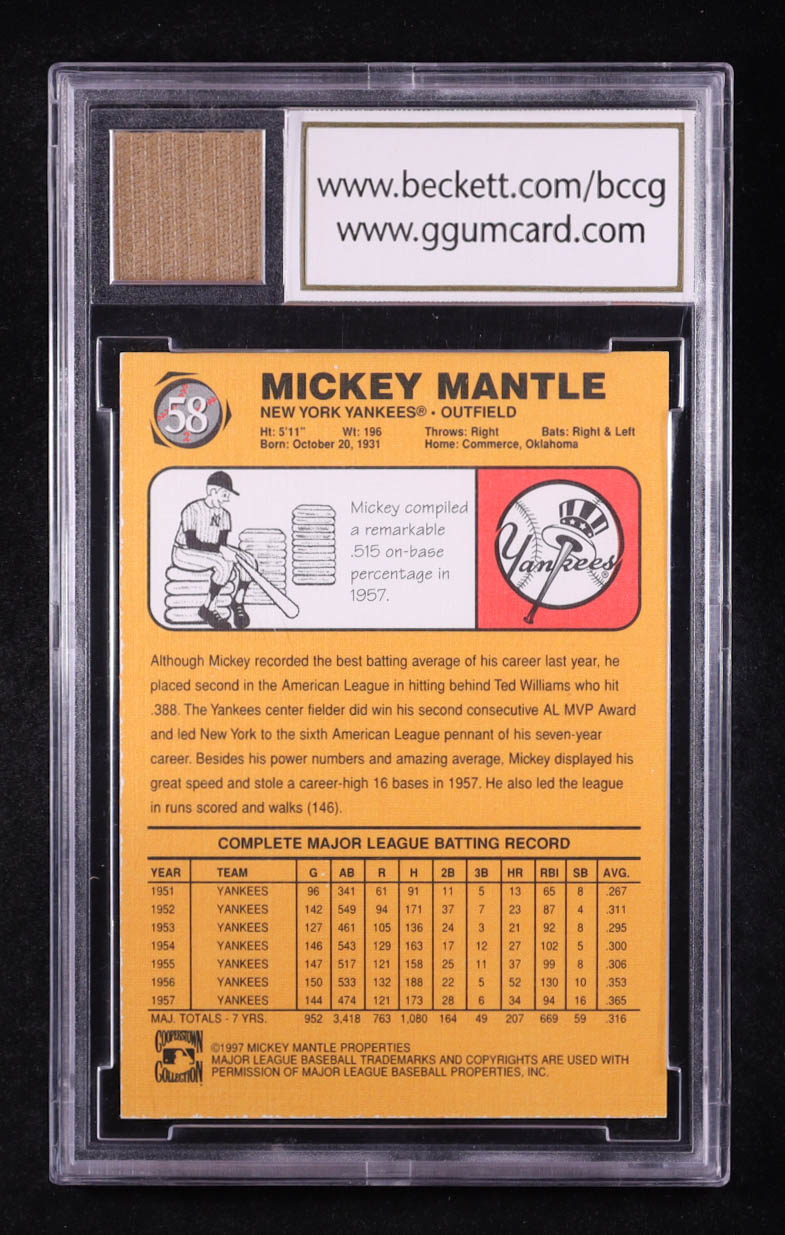 Mickey Mantle 1997 Scoreboard Mantle #58 1958 Trading Card with Game Used Pants Piece (BCCG 10) at PristineAuction.com Mickey Mantle 1997 Scoreboard Mantle #58 1958 Trading Card with Game Used Pants Piece (BCCG 10) at PristineAuction.com