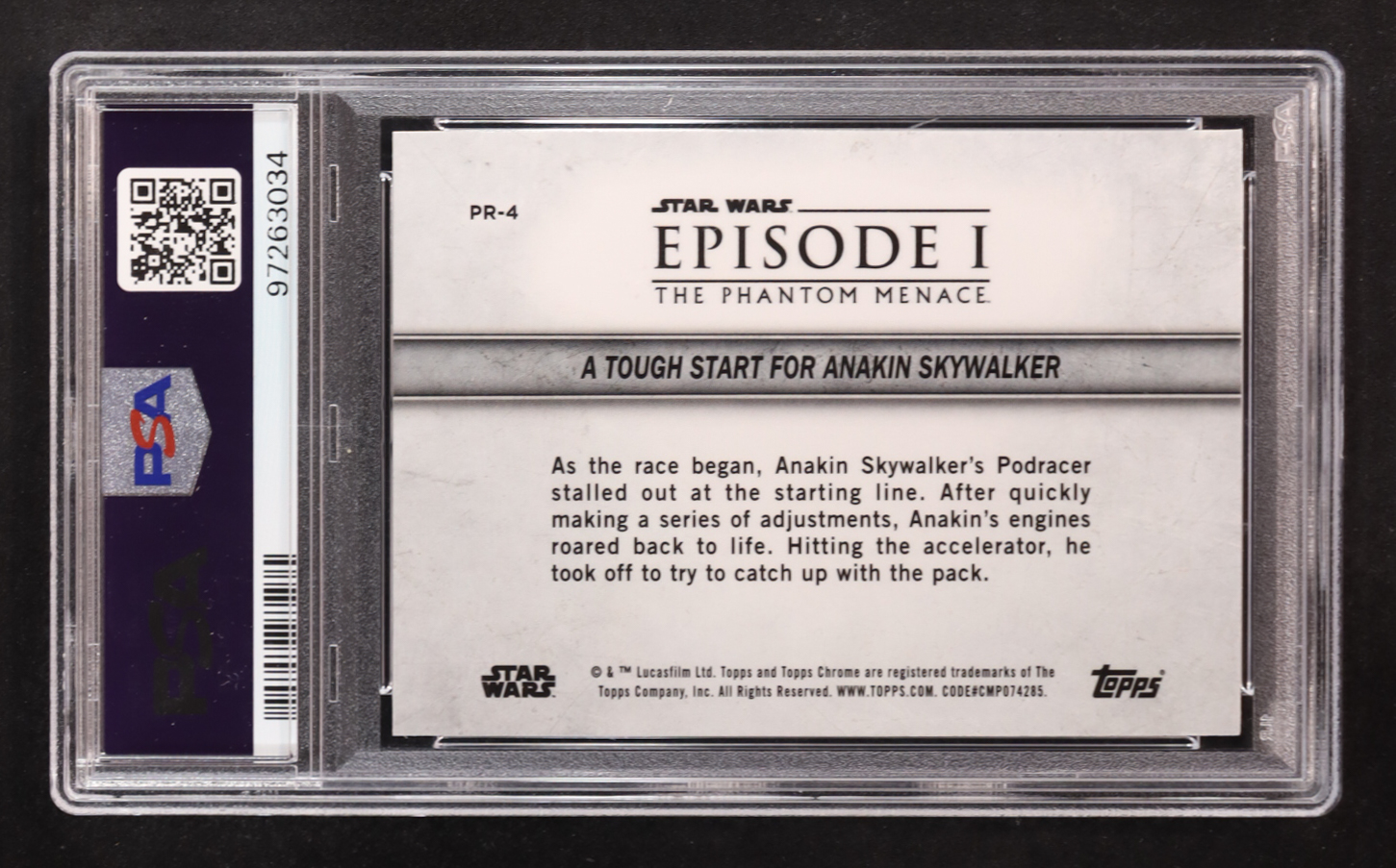 A Tough Start for Anakin Skywalker 2024 Topps Chrome Sapphire Edition Star Wars The Phantom Menace 25th Anniversary Podracing #PR4 (PSA 9) at PristineAuction.com A Tough Start for Anakin Skywalker 2024 Topps Chrome Sapphire Edition Star Wars The Phantom Menace 25th Anniversary Podracing #PR4 (PSA 9) at PristineAuction.com