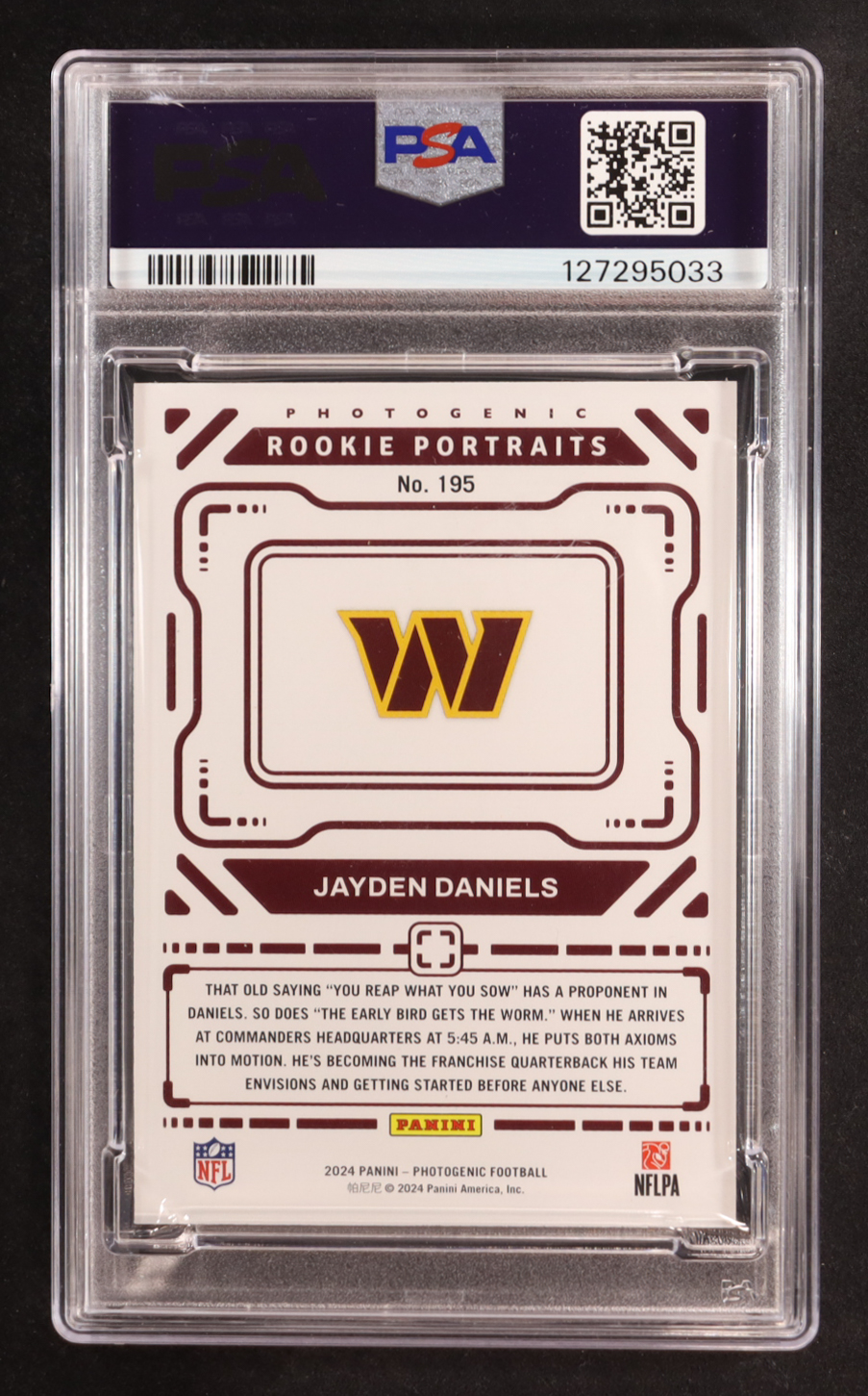 Jayden Daniels 2024 Panini PhotoGenic #195 RC (PSA 8) at PristineAuction.com Jayden Daniels 2024 Panini PhotoGenic #195 RC (PSA 8) at PristineAuction.com