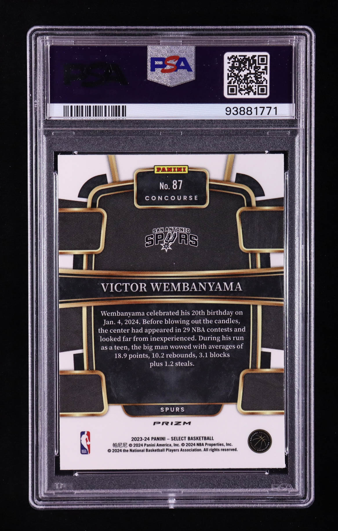 Victor Wembanyama 2023-24 Select Prizms Blue Cracked Ice #87 RC (PSA 10) at PristineAuction.com Victor Wembanyama 2023-24 Select Prizms Blue Cracked Ice #87 RC (PSA 10) at PristineAuction.com