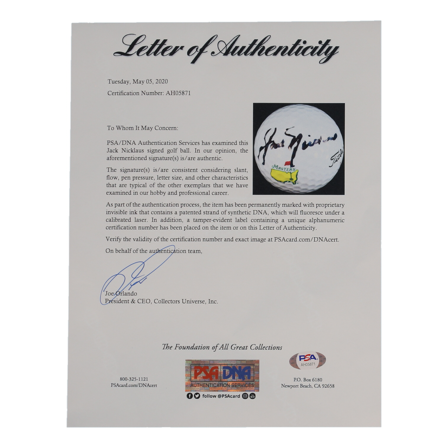 Jack Nicklaus Signed Masters Logo Golf Ball (PSA) at PristineAuction.com Jack Nicklaus Signed Masters Logo Golf Ball (PSA) at PristineAuction.com