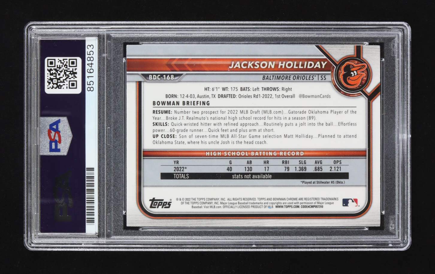 Jackson Holliday Signed 2022 Bowman Chrome Draft Refractors #BDC168 RC (PSA) at PristineAuction.com Jackson Holliday Signed 2022 Bowman Chrome Draft Refractors #BDC168 RC (PSA) at PristineAuction.com