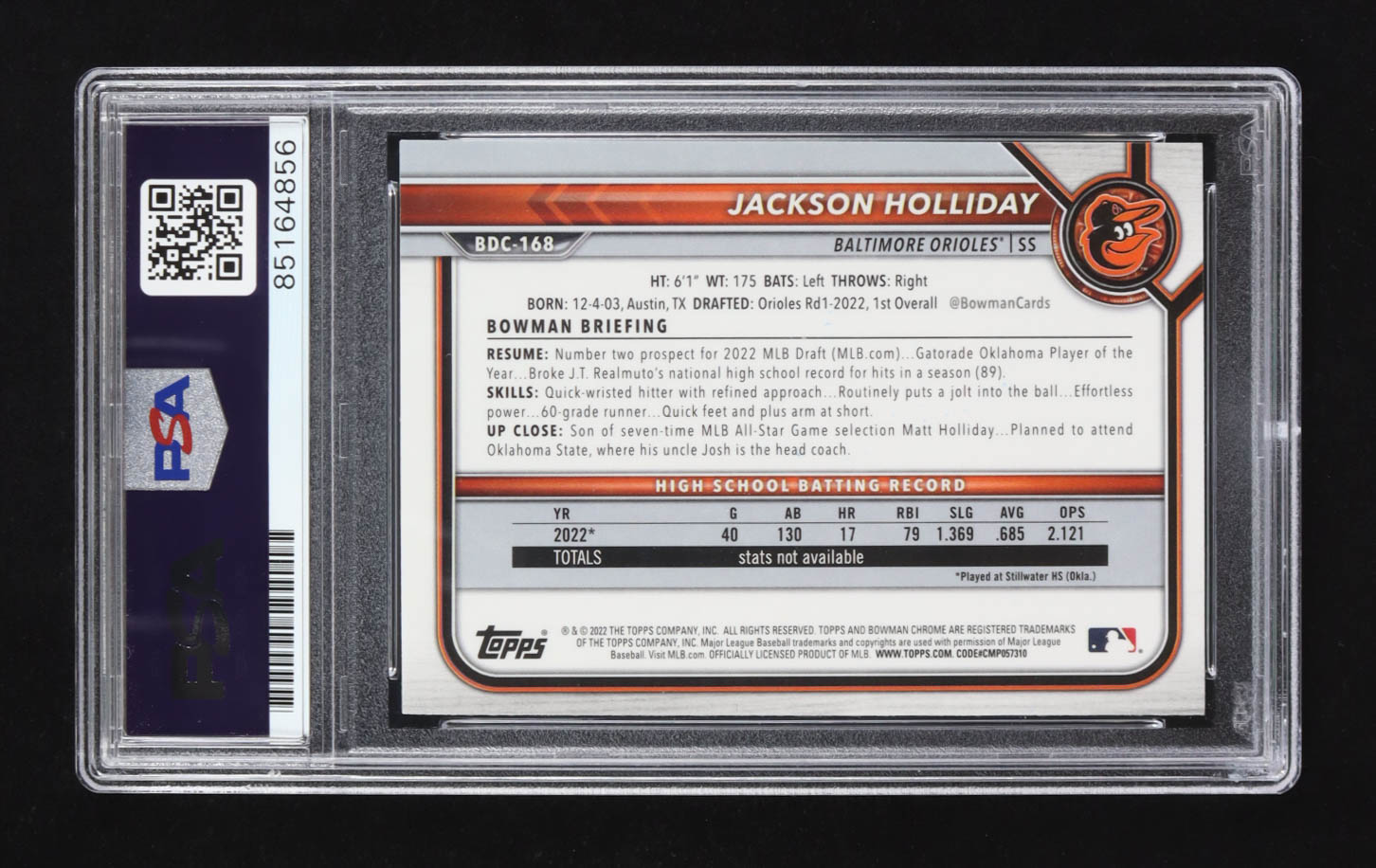 Jackson Holliday Signed 2022 Bowman Chrome Draft Refractors #BDC168 RC (PSA) at PristineAuction.com Jackson Holliday Signed 2022 Bowman Chrome Draft Refractors #BDC168 RC (PSA) at PristineAuction.com