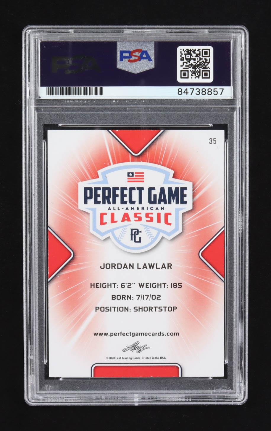 Jordan Lawlar Signed 2020 Leaf Perfect Game All-American #35 RC (PSA) at PristineAuction.com Jordan Lawlar Signed 2020 Leaf Perfect Game All-American #35 RC (PSA) at PristineAuction.com