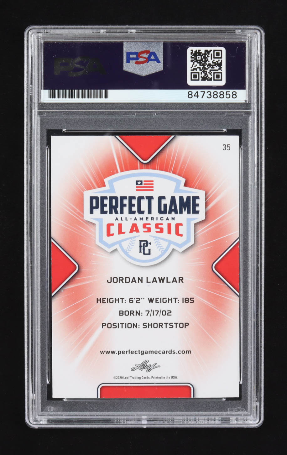 Jordan Lawlar Signed 2020 Leaf Perfect Game All-American #35 RC (PSA) at PristineAuction.com Jordan Lawlar Signed 2020 Leaf Perfect Game All-American #35 RC (PSA) at PristineAuction.com