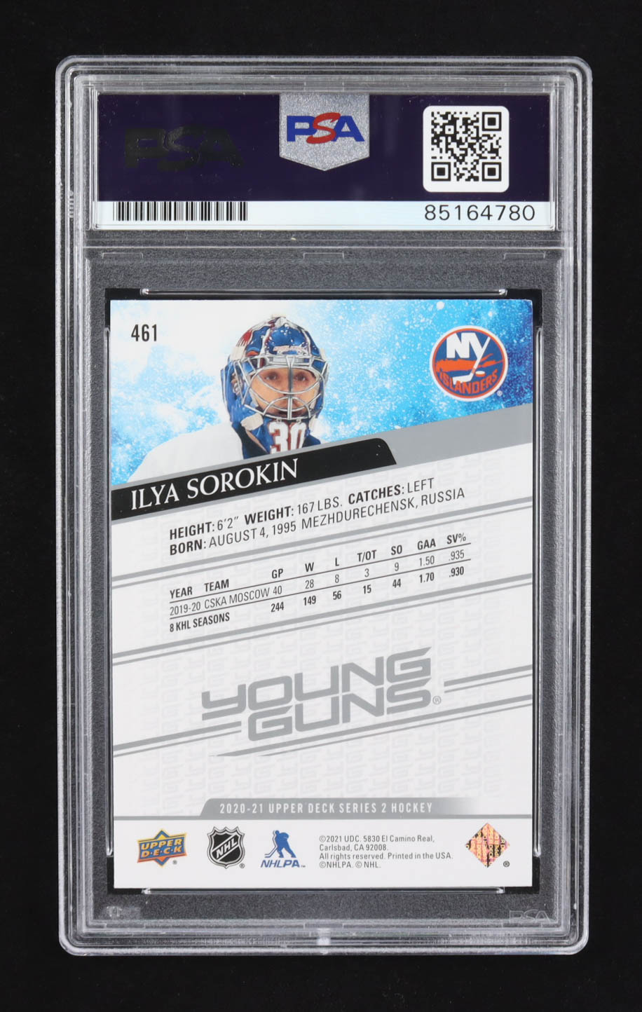 Ilya Sorokin Signed 2020-21 Upper Deck #461 YG RC (PSA) at PristineAuction.com Ilya Sorokin Signed 2020-21 Upper Deck #461 YG RC (PSA) at PristineAuction.com