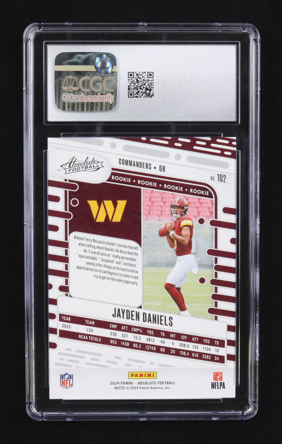 Jayden Daniels 2024 Panini Absolute Red #102 RC (CGC 10) at PristineAuction.com Jayden Daniels 2024 Panini Absolute Red #102 RC (CGC 10) at PristineAuction.com