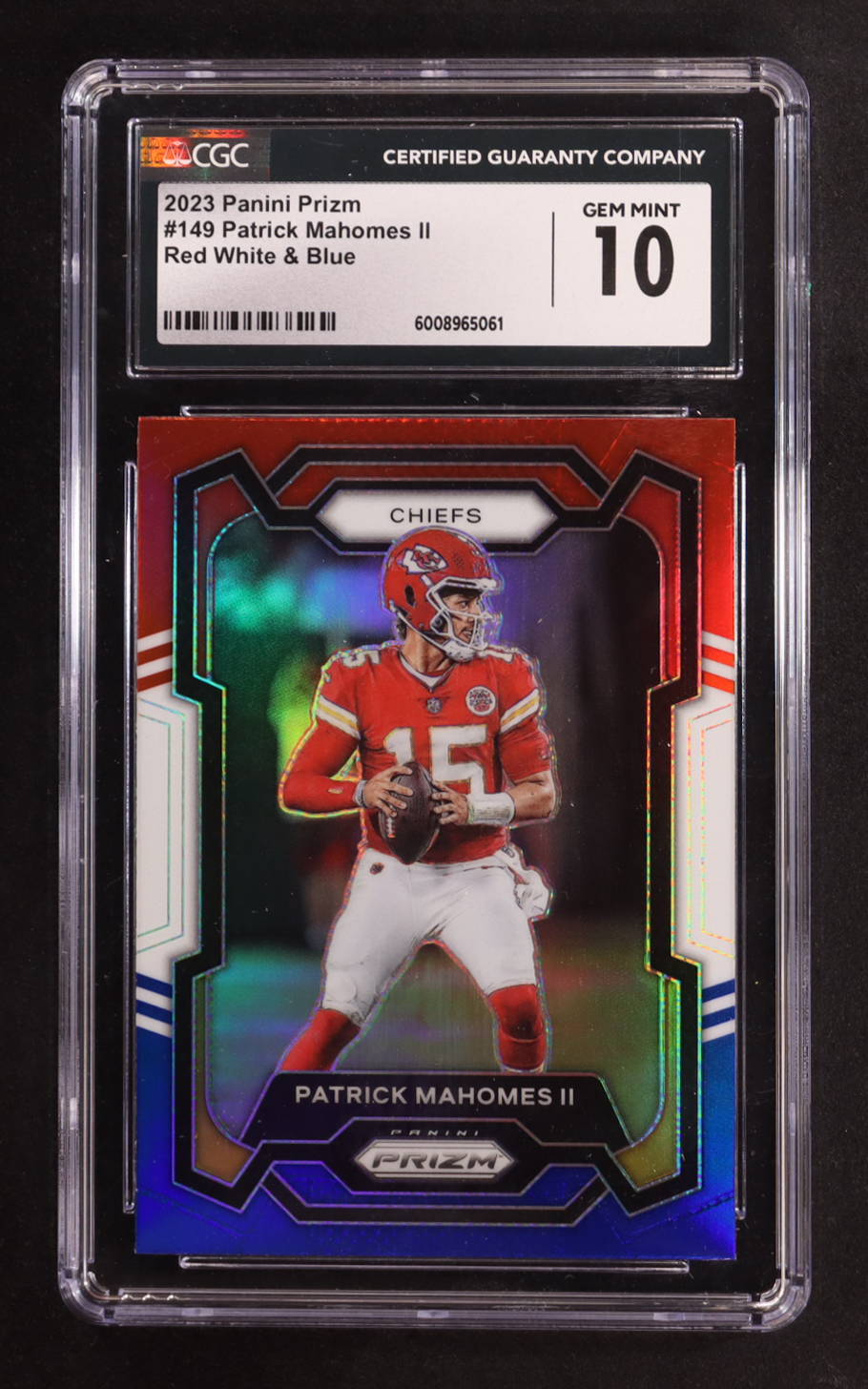 Patrick Mahomes II 2023 Panini Prizm Prizms Red White and Blue #149 (CGC 10) at PristineAuction.com Patrick Mahomes II 2023 Panini Prizm Prizms Red White and Blue #149 (CGC 10) at PristineAuction.com