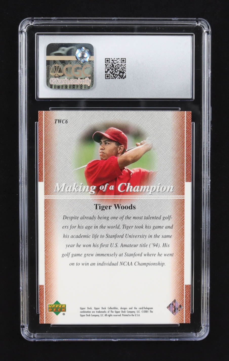Tiger Woods 2001 Upper Deck Tiger Woods Collection Making of a Champion #TWC6 RC (CGC 10) at PristineAuction.com Tiger Woods 2001 Upper Deck Tiger Woods Collection Making of a Champion #TWC6 RC (CGC 10) at PristineAuction.com