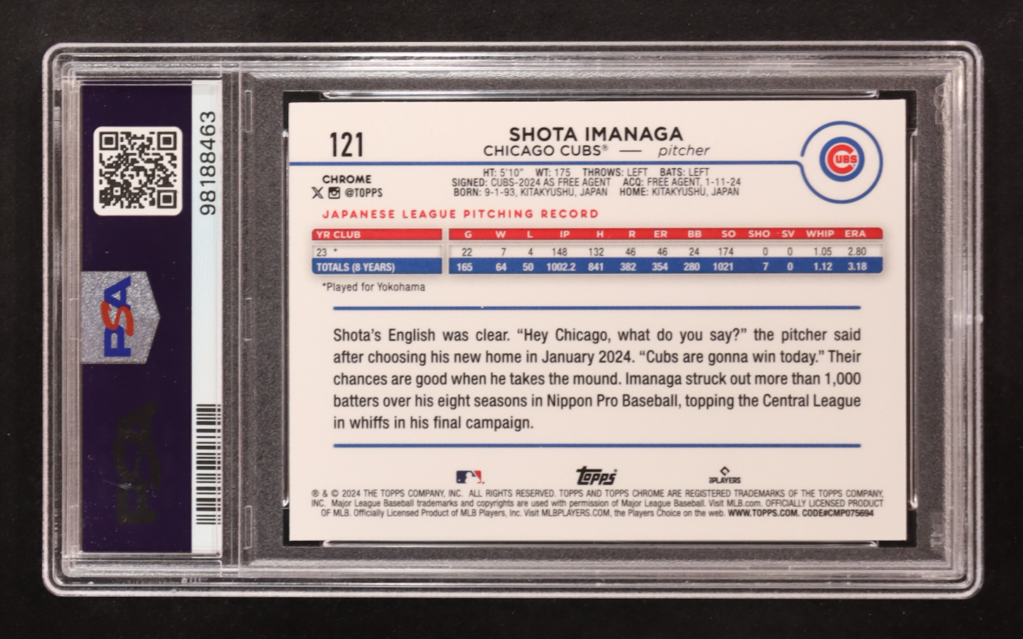 Shota Imanaga 2024 Topps Chrome Sepia Refractors #121 RC (PSA 10) at PristineAuction.com Shota Imanaga 2024 Topps Chrome Sepia Refractors #121 RC (PSA 10) at PristineAuction.com