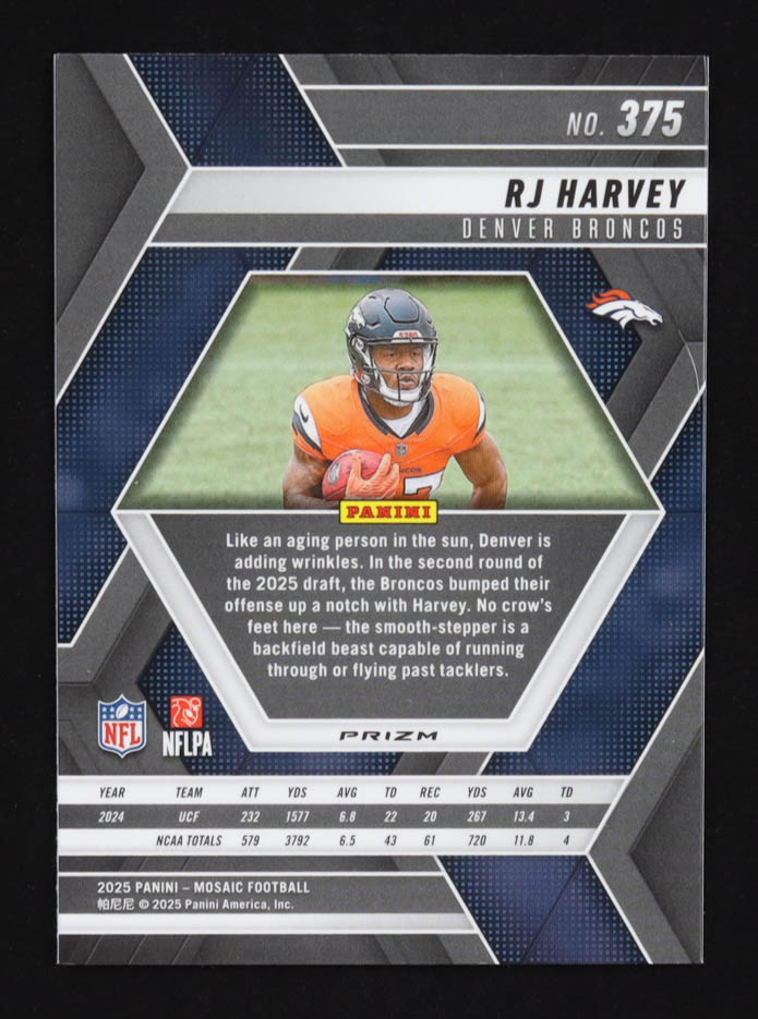 RJ Harvey 2025 Panini Mosaic Mosaic Red #375 RC at PristineAuction.com RJ Harvey 2025 Panini Mosaic Mosaic Red #375 RC at PristineAuction.com