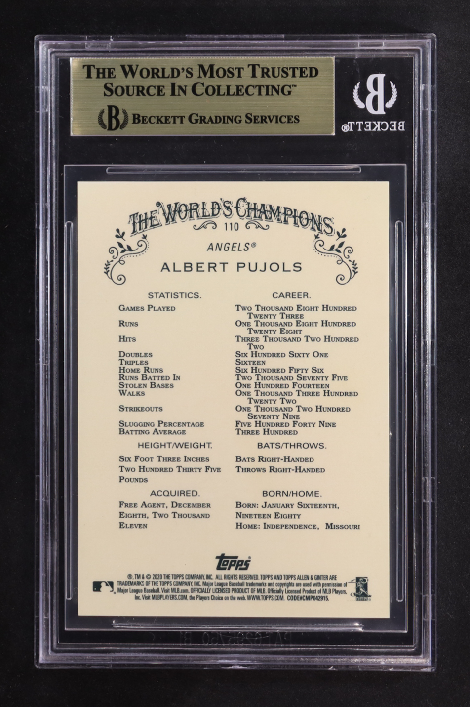 Albert Pujols 2020 Topps Allen and Ginter Chrome Refractors #110 (BGS 9.5) at PristineAuction.com Albert Pujols 2020 Topps Allen and Ginter Chrome Refractors #110 (BGS 9.5) at PristineAuction.com