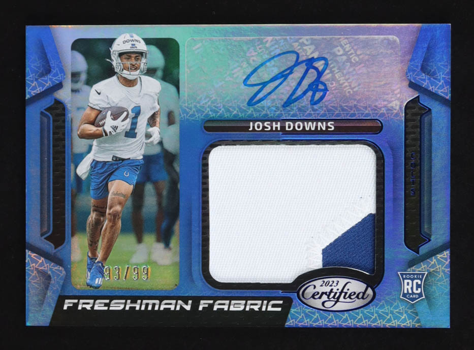 Josh Downs 2023 Panini Certified Freshman Farbric Mirror Signatures Blue Auto #FFMS-22 RC #93/99 at PristineAuction.com Josh Downs 2023 Panini Certified Freshman Farbric Mirror Signatures Blue Auto #FFMS-22 RC #93/99 at PristineAuction.com