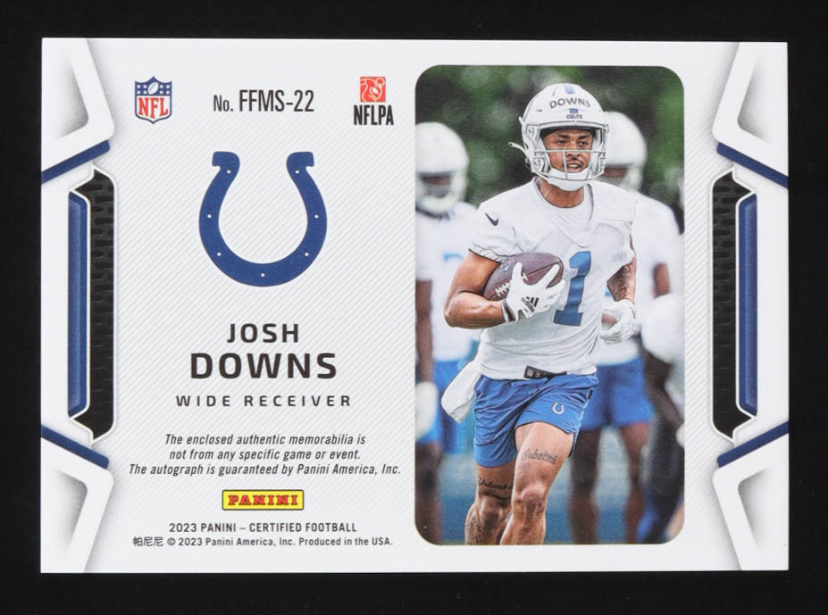 Josh Downs 2023 Panini Certified Freshman Farbric Mirror Signatures Blue Auto #FFMS-22 RC #93/99 at PristineAuction.com Josh Downs 2023 Panini Certified Freshman Farbric Mirror Signatures Blue Auto #FFMS-22 RC #93/99 at PristineAuction.com