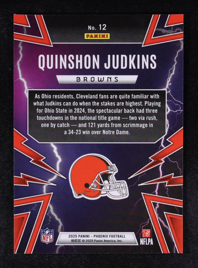 Quinshon Judkins 2025 Panini Phoenix Thunderbirds #12 RC at PristineAuction.com Quinshon Judkins 2025 Panini Phoenix Thunderbirds #12 RC at PristineAuction.com
