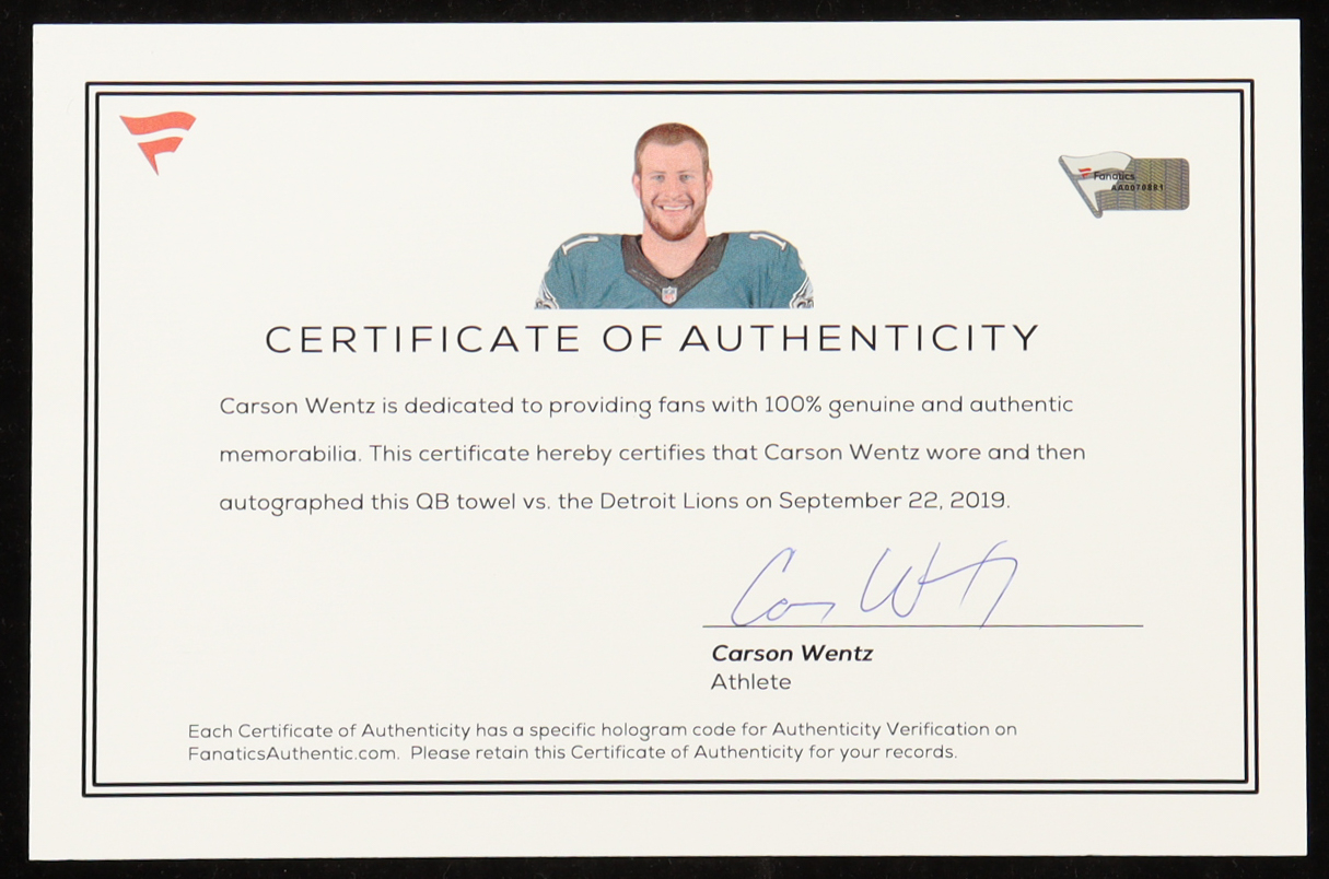 Carson Wentz Signed & 2019 Game-Used QB Towel (Fanatics) at PristineAuction.com Carson Wentz Signed & 2019 Game-Used QB Towel (Fanatics) at PristineAuction.com