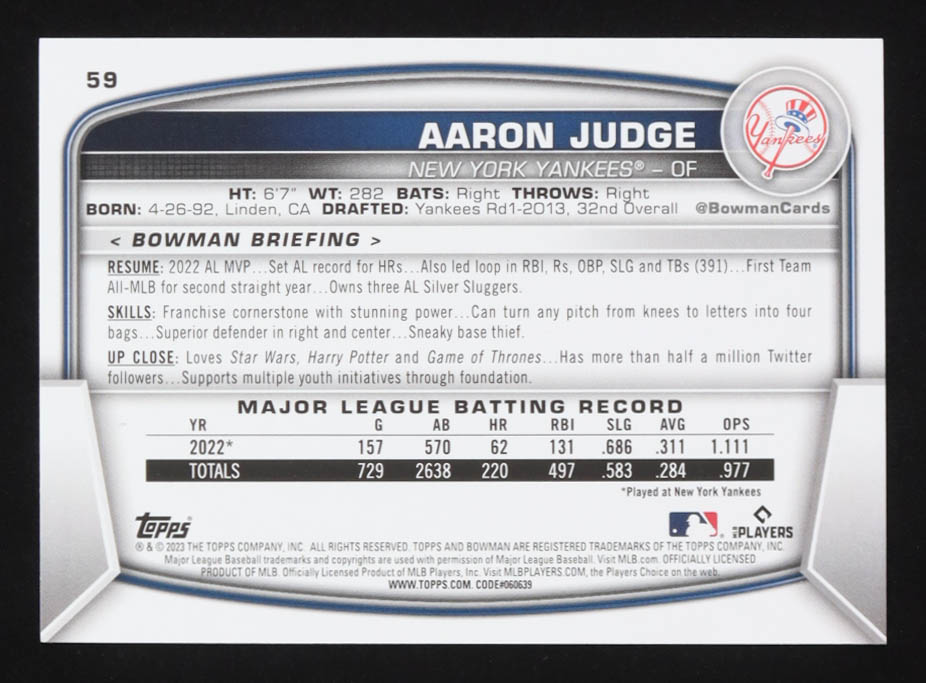 Aaron Judge 2023 Bowman #59 at PristineAuction.com Aaron Judge 2023 Bowman #59 at PristineAuction.com