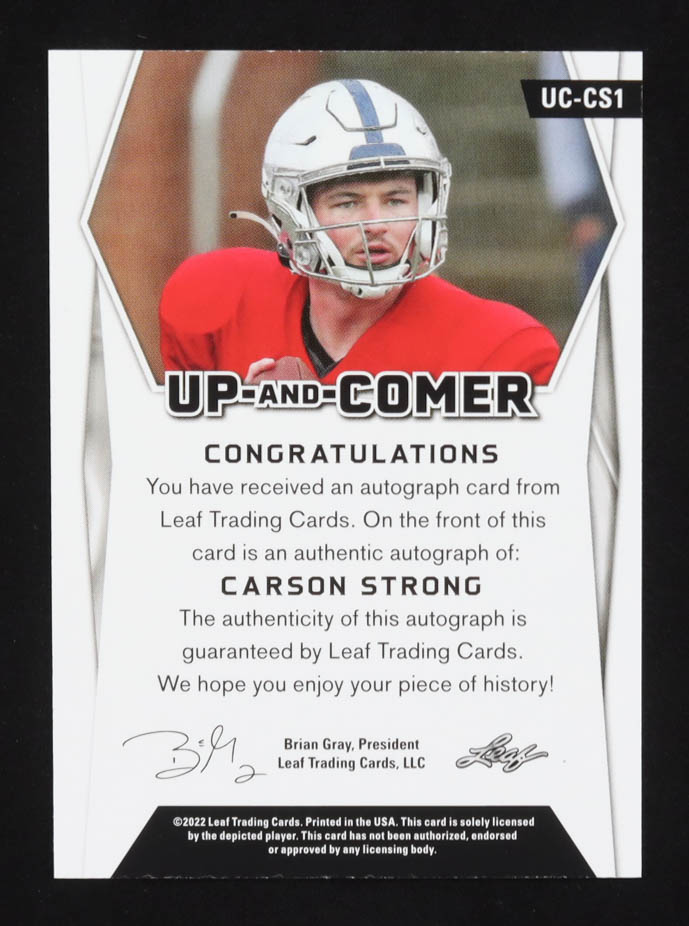 Carson Strong 2022 Leaf Holiday Packs Up and Comer XRC Auto #UC-CS1 RC at PristineAuction.com Carson Strong 2022 Leaf Holiday Packs Up and Comer XRC Auto #UC-CS1 RC at PristineAuction.com