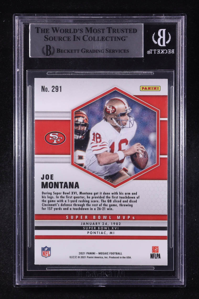 Joe Montana Signed Sticker On 2021 Panini Mosaic Super Bowl MVP #291 (BGS) at PristineAuction.com Joe Montana Signed Sticker On 2021 Panini Mosaic Super Bowl MVP #291 (BGS) at PristineAuction.com