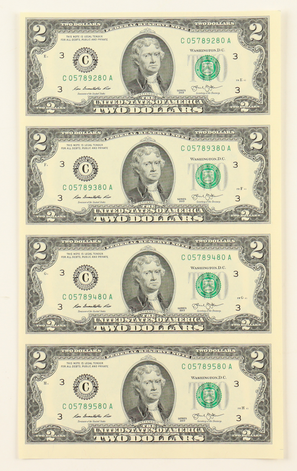 2013 $2 Two Dollars Uncut Sheet of (4) Federal Reserve Notes at PristineAuction.com 2013 $2 Two Dollars Uncut Sheet of (4) Federal Reserve Notes at PristineAuction.com