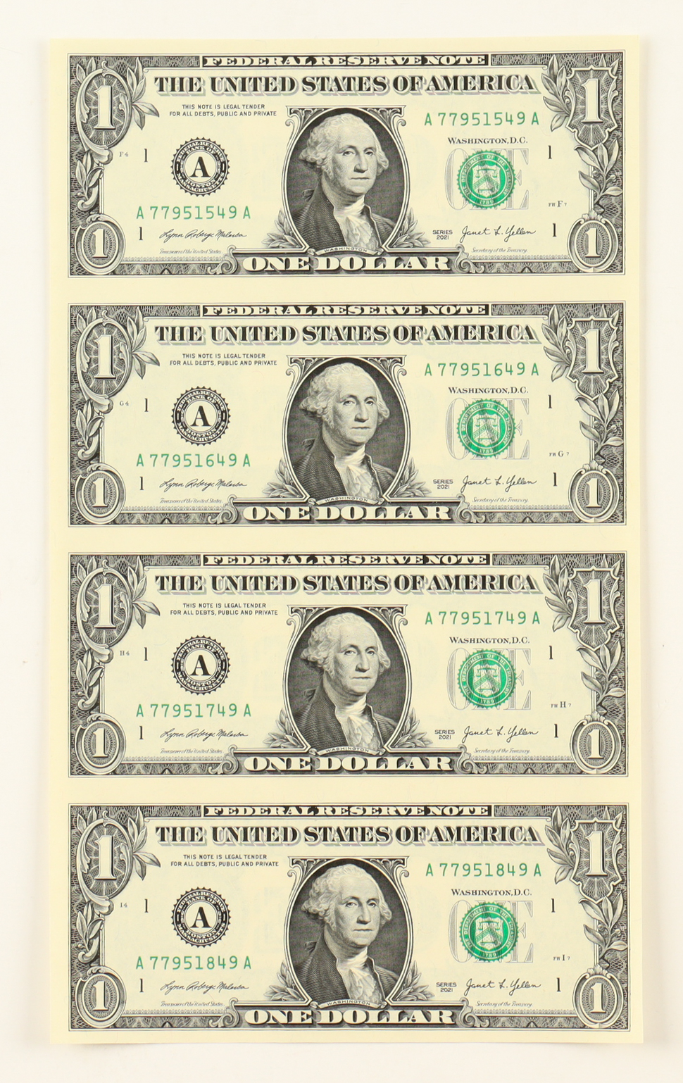 2021 $1 One Dollar Uncut Sheet of (4) Federal Reserve Notes at PristineAuction.com 2021 $1 One Dollar Uncut Sheet of (4) Federal Reserve Notes at PristineAuction.com