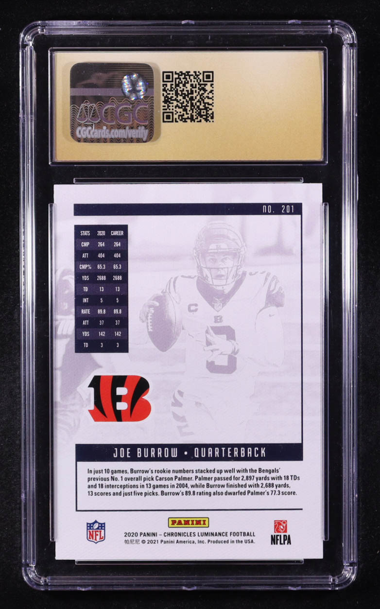 Joe Burrow 2020 Panini Chronicles Luminance #201 RC (CGC Black Label Pristine 10) at PristineAuction.com Joe Burrow 2020 Panini Chronicles Luminance #201 RC (CGC Black Label Pristine 10) at PristineAuction.com