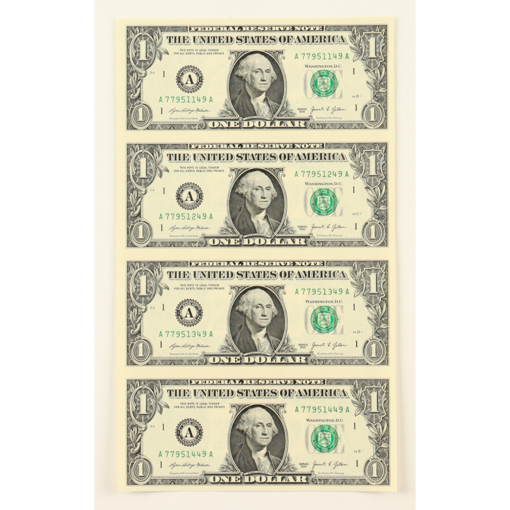 2021 $1 One Dollar Uncut Sheet of (4) Federal Reserve Notes at PristineAuction.com