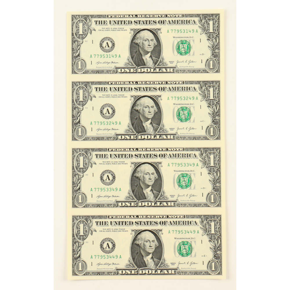 2021 $1 One Dollar Uncut Sheet of (4) Federal Reserve Notes at PristineAuction.com