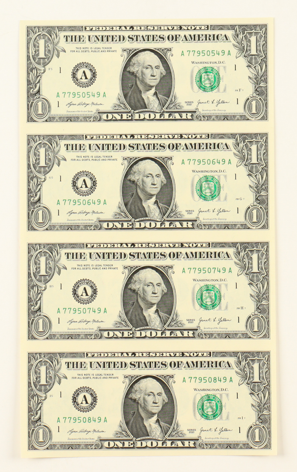 2021 $1 One Dollar Uncut Sheet of (4) Federal Reserve Notes at PristineAuction.com 2021 $1 One Dollar Uncut Sheet of (4) Federal Reserve Notes at PristineAuction.com