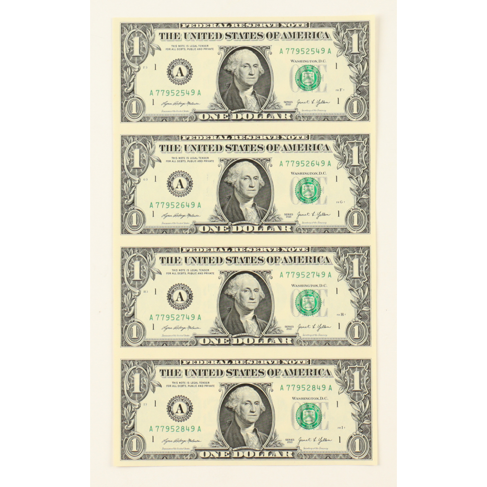 2021 $1 One Dollar Uncut Sheet of (4) Federal Reserve Notes at PristineAuction.com