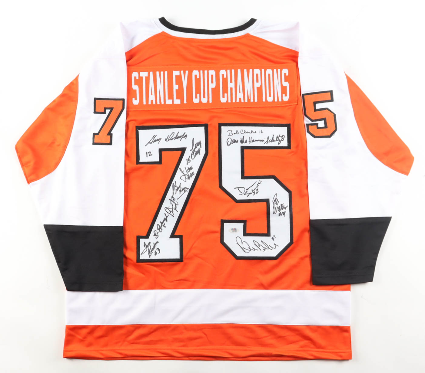Flyers 1975 "Stanley Cup Champions" Jersey Signed by (12) With Bill Barber, Bernie Parent, Tom Bladon, Gary Dornhoefer (PSA) at PristineAuction.com Flyers 1975 "Stanley Cup Champions" Jersey Signed by (12) With Bill Barber, Bernie Parent, Tom Bladon, Gary Dornhoefer (PSA) at PristineAuction.com