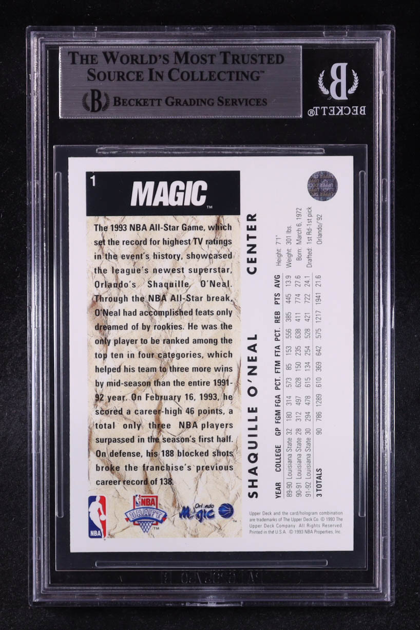 Shaquille O'Neal Signed 1992-93 Upper Deck SP #1 RC (BGS) at PristineAuction.com Shaquille O'Neal Signed 1992-93 Upper Deck SP #1 RC (BGS) at PristineAuction.com