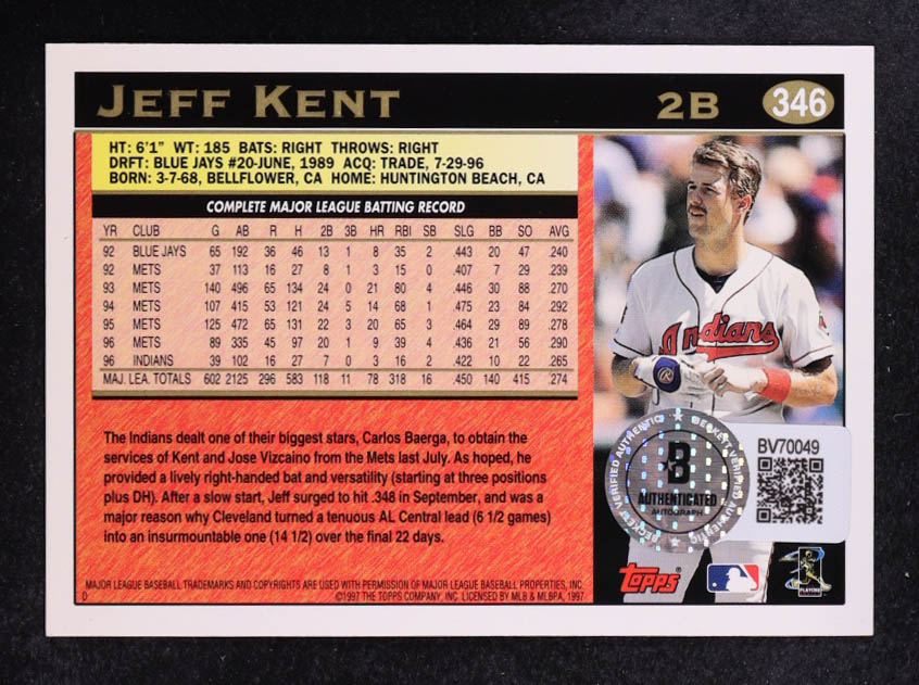 Jeff Kent Signed 1997 Topps #346 (Beckett) at PristineAuction.com Jeff Kent Signed 1997 Topps #346 (Beckett) at PristineAuction.com