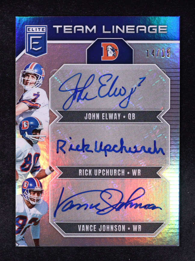 John Elway / Rick Upchurch / Vance Johnson 2025 Elite Team Lineage Signatures #1 #14/15 at PristineAuction.com John Elway / Rick Upchurch / Vance Johnson 2025 Elite Team Lineage Signatures #1 #14/15 at PristineAuction.com