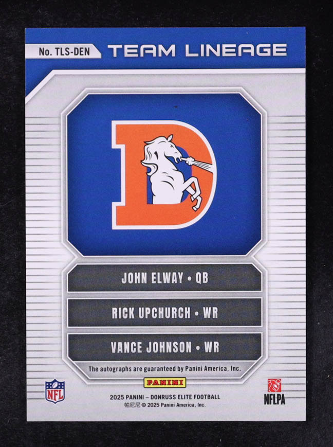 John Elway / Rick Upchurch / Vance Johnson 2025 Elite Team Lineage Signatures #1 #14/15 at PristineAuction.com John Elway / Rick Upchurch / Vance Johnson 2025 Elite Team Lineage Signatures #1 #14/15 at PristineAuction.com