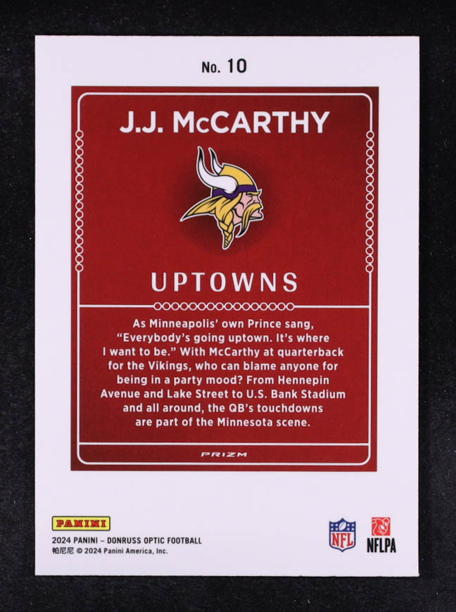 JJ McCarthy 2024 Donruss Optic Uptowns #10 RC at PristineAuction.com JJ McCarthy 2024 Donruss Optic Uptowns #10 RC at PristineAuction.com