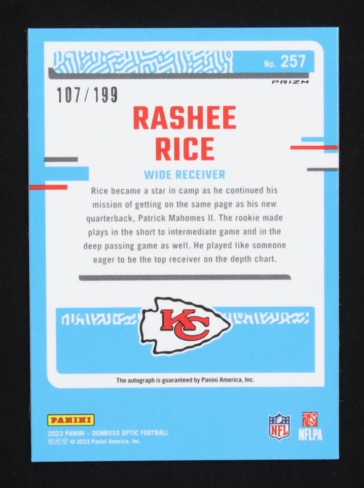 Rashee Rice 2023 Donruss Optic Rated Rookies Autographs #257 #107/199 RC at PristineAuction.com Rashee Rice 2023 Donruss Optic Rated Rookies Autographs #257 #107/199 RC at PristineAuction.com