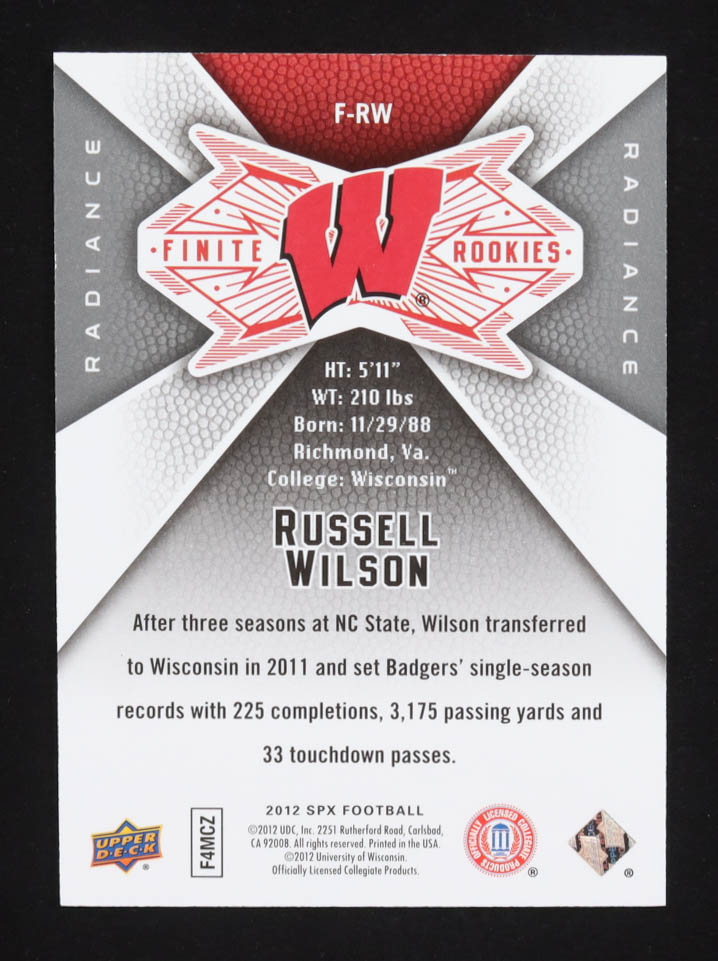 Russell Wilson 2012 SPx Finite Rookies Radiance #FRW #30/99 RC at PristineAuction.com Russell Wilson 2012 SPx Finite Rookies Radiance #FRW #30/99 RC at PristineAuction.com