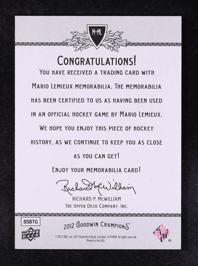 Mario Lemieux 2012 Upper Deck Goodwin Champions Memorabilia #MML at PristineAuction.com Mario Lemieux 2012 Upper Deck Goodwin Champions Memorabilia #MML at PristineAuction.com