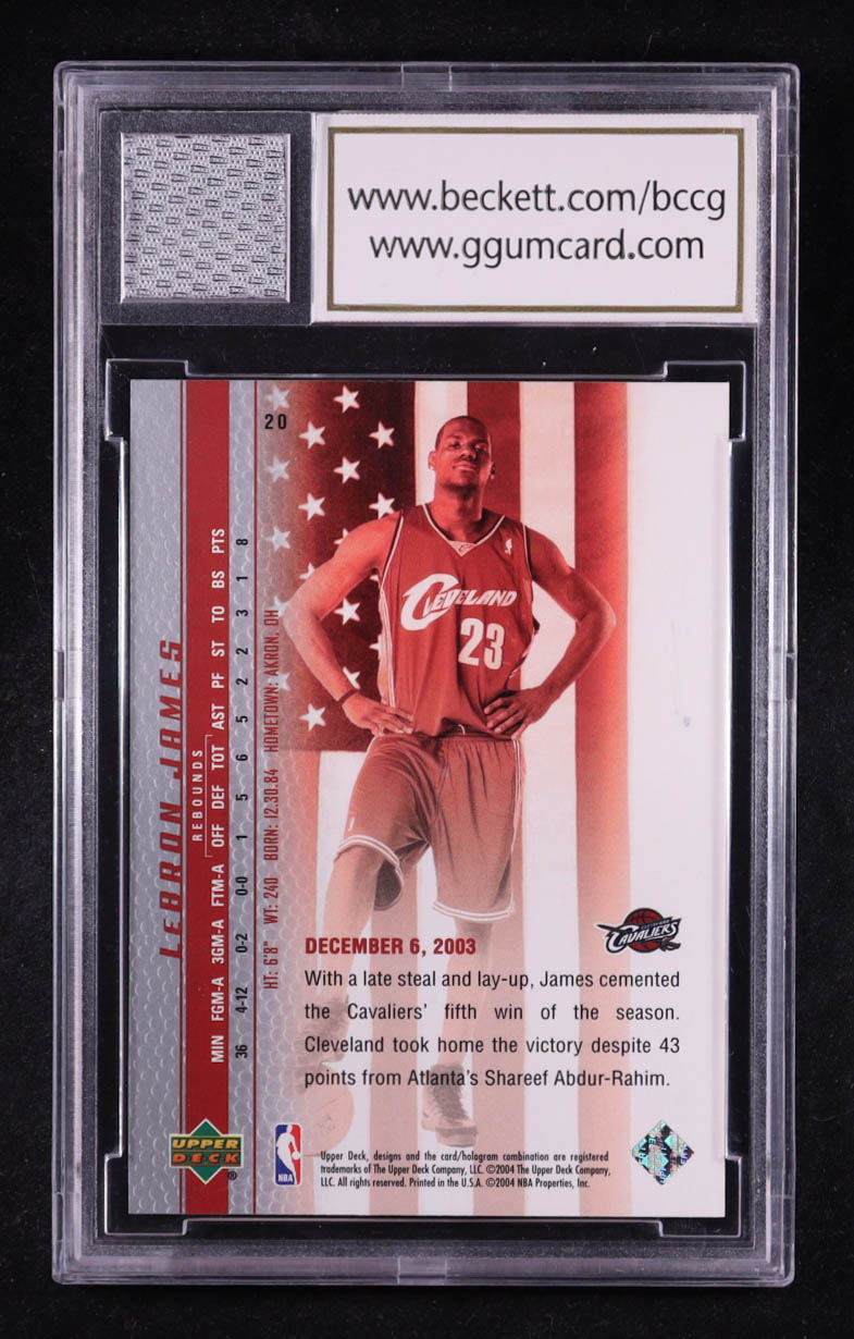 LeBron James 2003-04 Upper Deck Phenomenal Beginning LeBron James #20 RC / The First Pick with Game-Worn Jersey Piece (BCCG 10) at PristineAuction.com LeBron James 2003-04 Upper Deck Phenomenal Beginning LeBron James #20 RC / The First Pick with Game-Worn Jersey Piece (BCCG 10) at PristineAuction.com