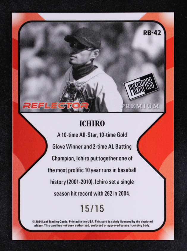 Ichiro 2024 Press Pass Premium Reflector Prismatic Purple #RB42 #15/15 at PristineAuction.com Ichiro 2024 Press Pass Premium Reflector Prismatic Purple #RB42 #15/15 at PristineAuction.com
