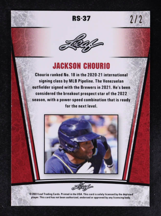 Jackson Chourio 2023 Leaf Metal Special Release Rookie Silver Prismatic Red #RS37 RC #2/2 at PristineAuction.com Jackson Chourio 2023 Leaf Metal Special Release Rookie Silver Prismatic Red #RS37 RC #2/2 at PristineAuction.com