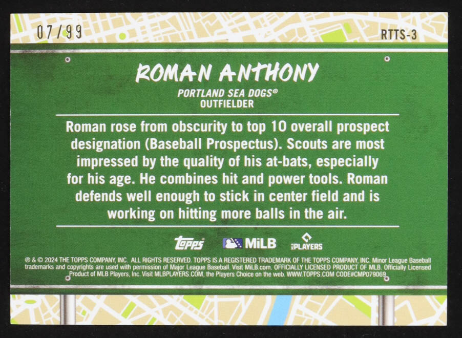Roman Anthony 2024 Topps Pro Debut Road to the Show Green Foil #RTTS3 RC #07/99 at PristineAuction.com Roman Anthony 2024 Topps Pro Debut Road to the Show Green Foil #RTTS3 RC #07/99 at PristineAuction.com