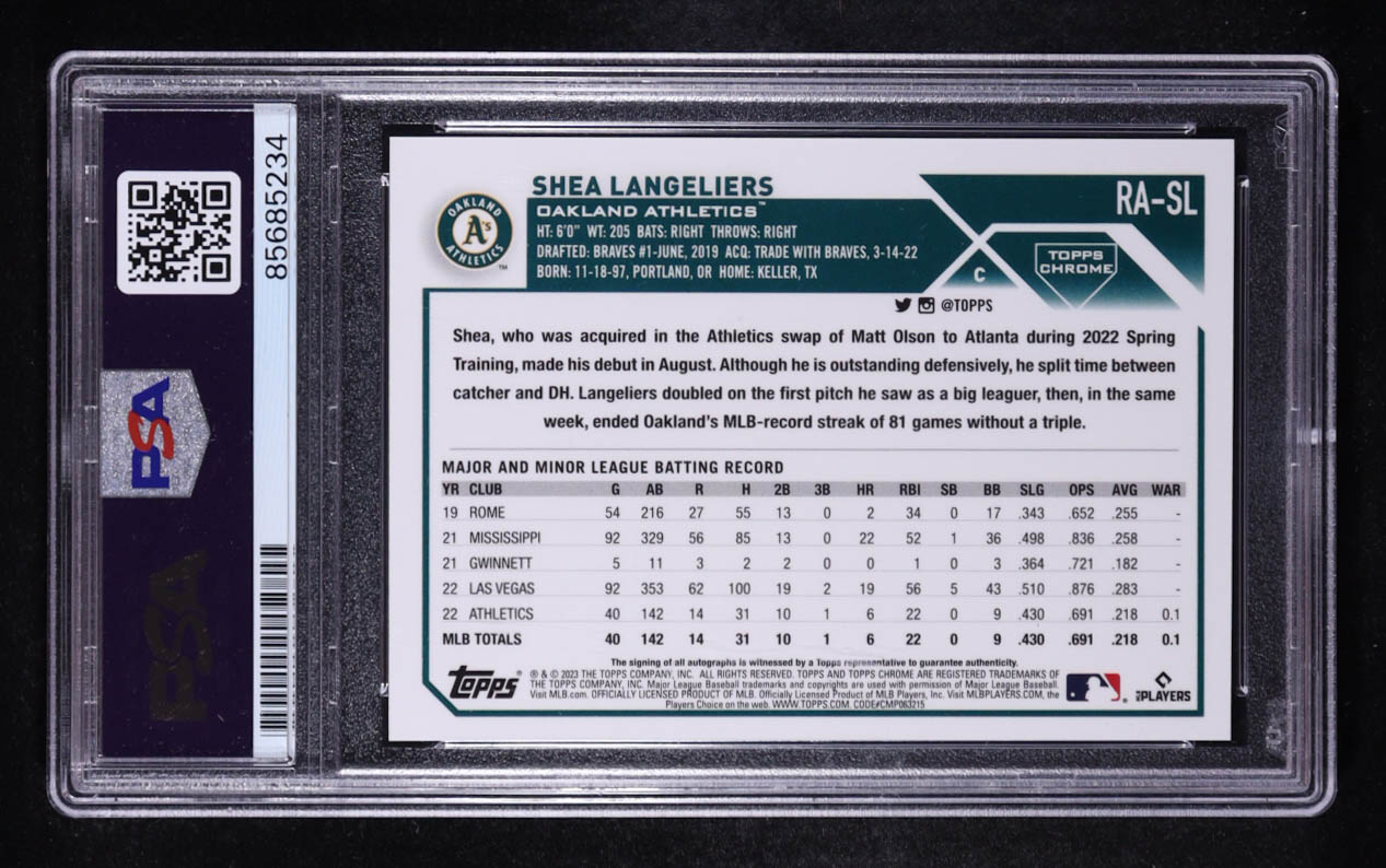 Shea Langeliers 2023 Topps Chrome Rookie Autographs #RASL RC (PSA) at PristineAuction.com Shea Langeliers 2023 Topps Chrome Rookie Autographs #RASL RC (PSA) at PristineAuction.com