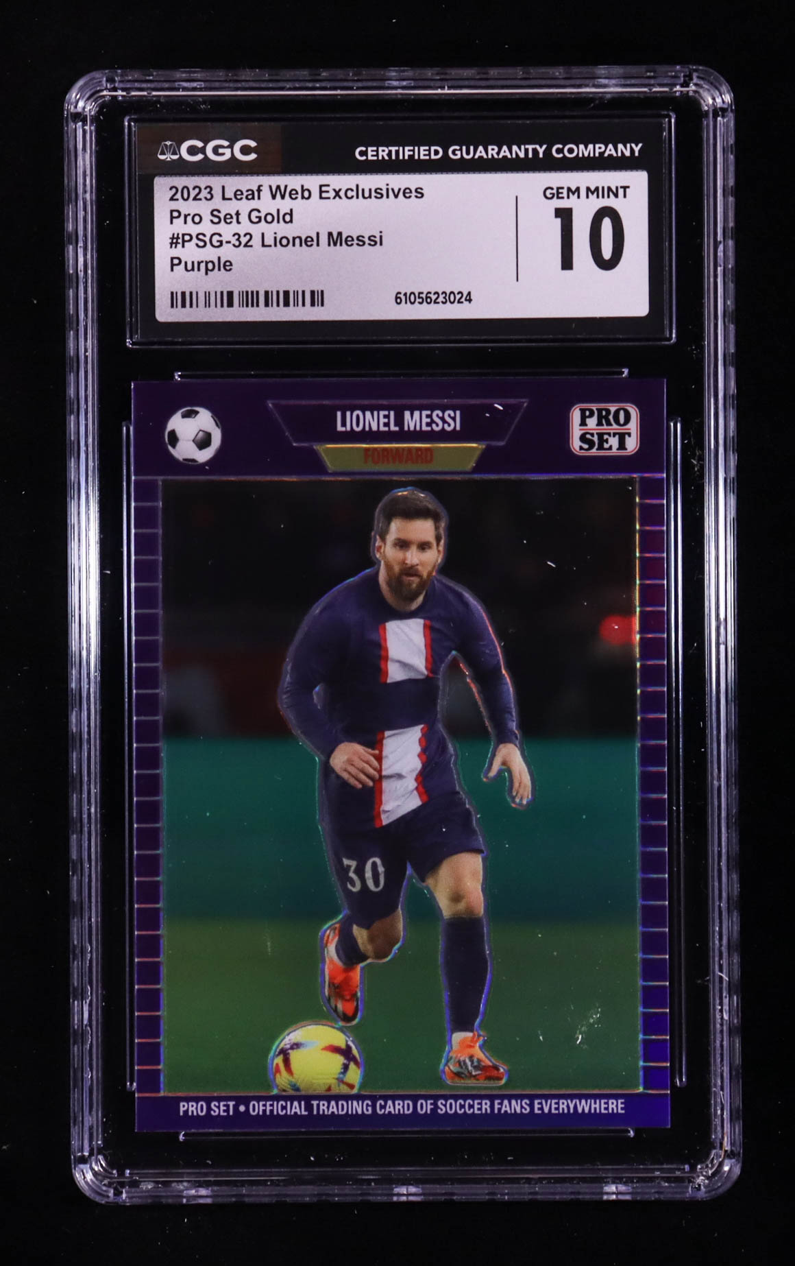 Lionel Messi 2023 Leaf Web Exclusives Pro Set Purple #PSG32 #01/15 (CGC 10) at PristineAuction.com Lionel Messi 2023 Leaf Web Exclusives Pro Set Purple #PSG32 #01/15 (CGC 10) at PristineAuction.com
