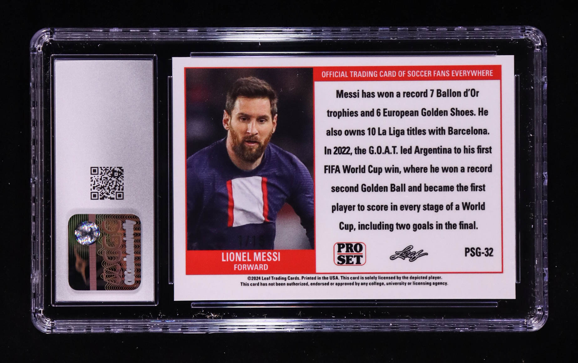 Lionel Messi 2023 Leaf Web Exclusives Pro Set Purple #PSG32 #01/15 (CGC 10) at PristineAuction.com Lionel Messi 2023 Leaf Web Exclusives Pro Set Purple #PSG32 #01/15 (CGC 10) at PristineAuction.com