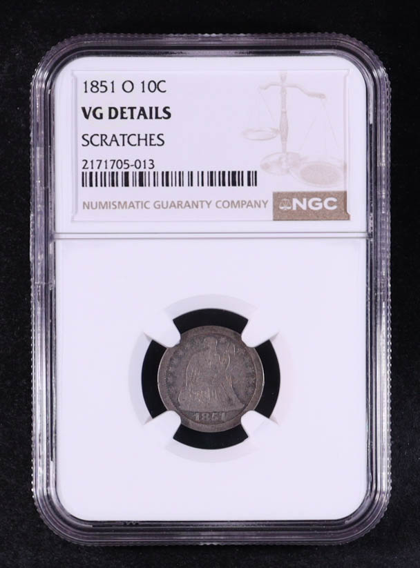 1851-O Seated Liberty Dime - Scratches (NGC VG Details) at PristineAuction.com 1851-O Seated Liberty Dime - Scratches (NGC VG Details) at PristineAuction.com