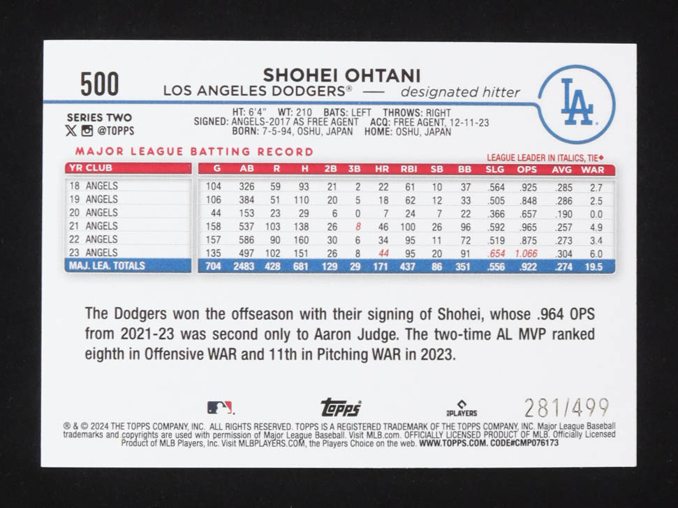 Shohei Ohtani 2024 Topps Green Foil #500 #281/499 at PristineAuction.com Shohei Ohtani 2024 Topps Green Foil #500 #281/499 at PristineAuction.com