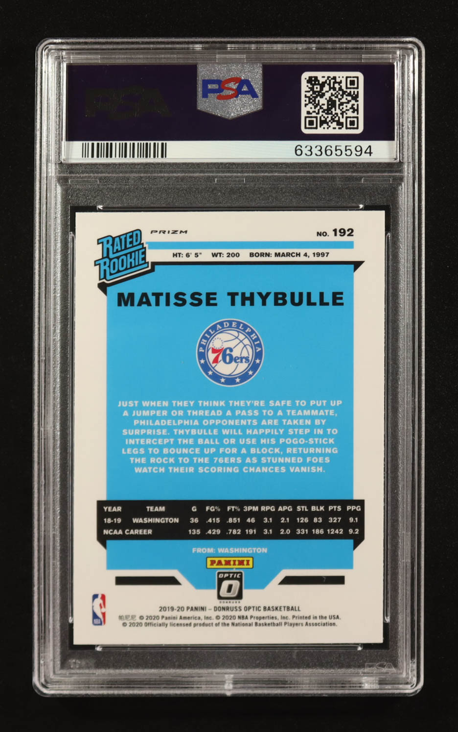 Matisse Thybulle 2019-20 Donruss Optic Blue Velocity #192 RR RC (PSA 9) at PristineAuction.com Matisse Thybulle 2019-20 Donruss Optic Blue Velocity #192 RR RC (PSA 9) at PristineAuction.com