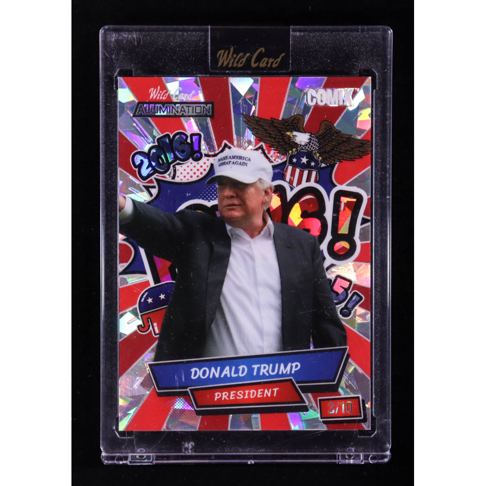 Donald Trump 2024 Wild Card Alumination Comix Potus! Red Crystal Silver #DT4 #3/10 at PristineAuction.com
